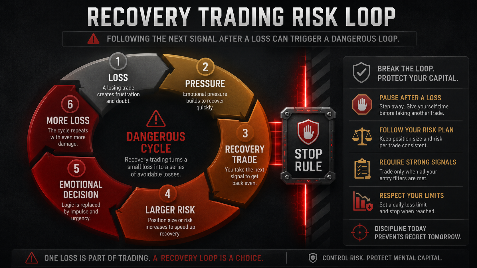 Binary options trading signals recovery trading loop showing loss, pressure, recovery trade, larger risk, emotional decision, and a stop rule