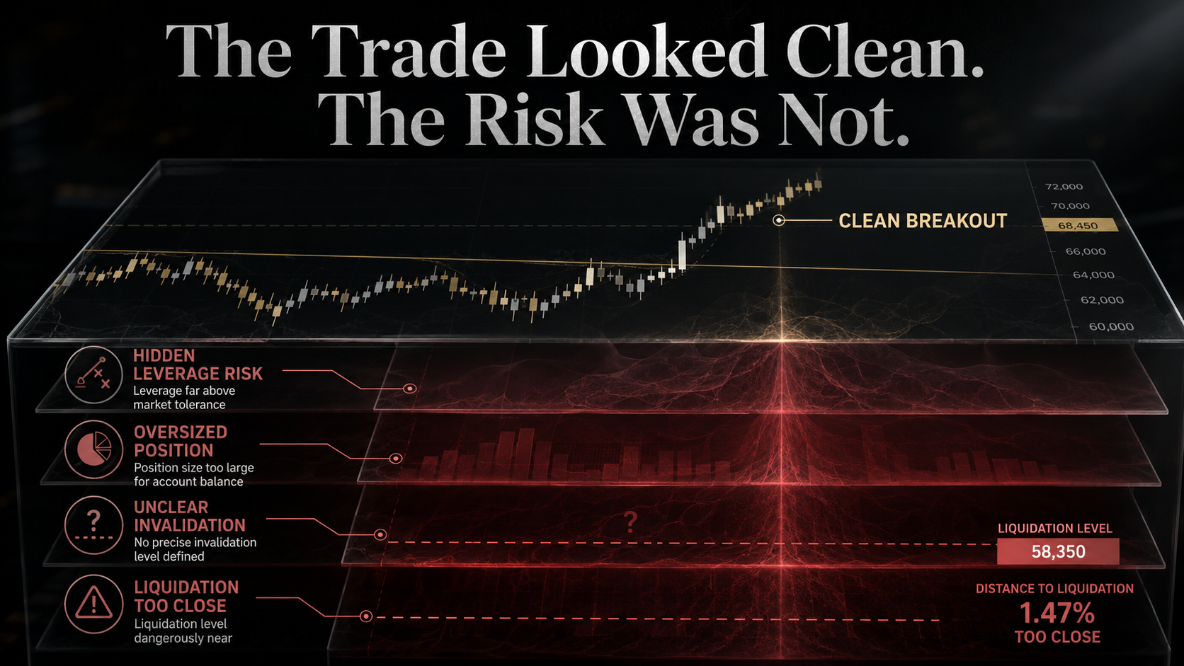 Crypto futures trading strategy image showing a clean-looking breakout with hidden risks in leverage, position size, invalidation, and liquidation distance.