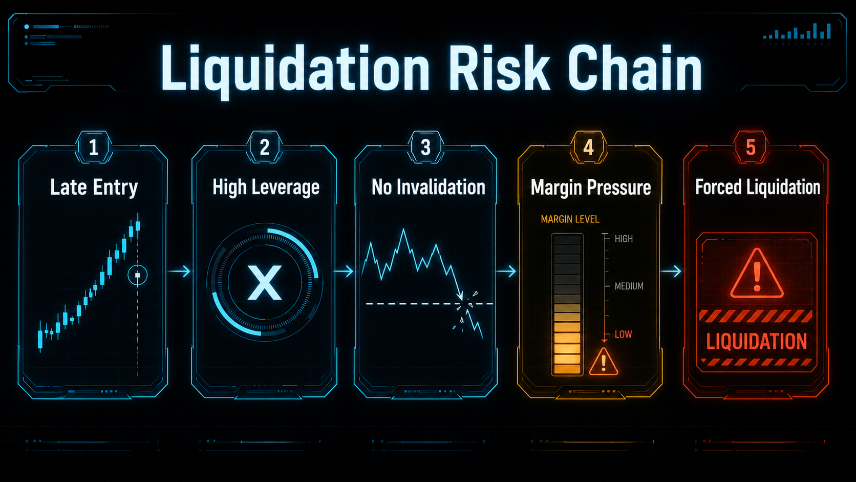 Crypto liquidation risk chain showing late entry, high leverage, no invalidation, margin pressure, and forced liquidation