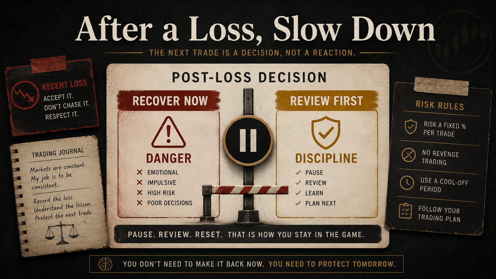 Revenge trading crypto risk-control infographic showing why traders should slow down and review before taking another trade after a loss.