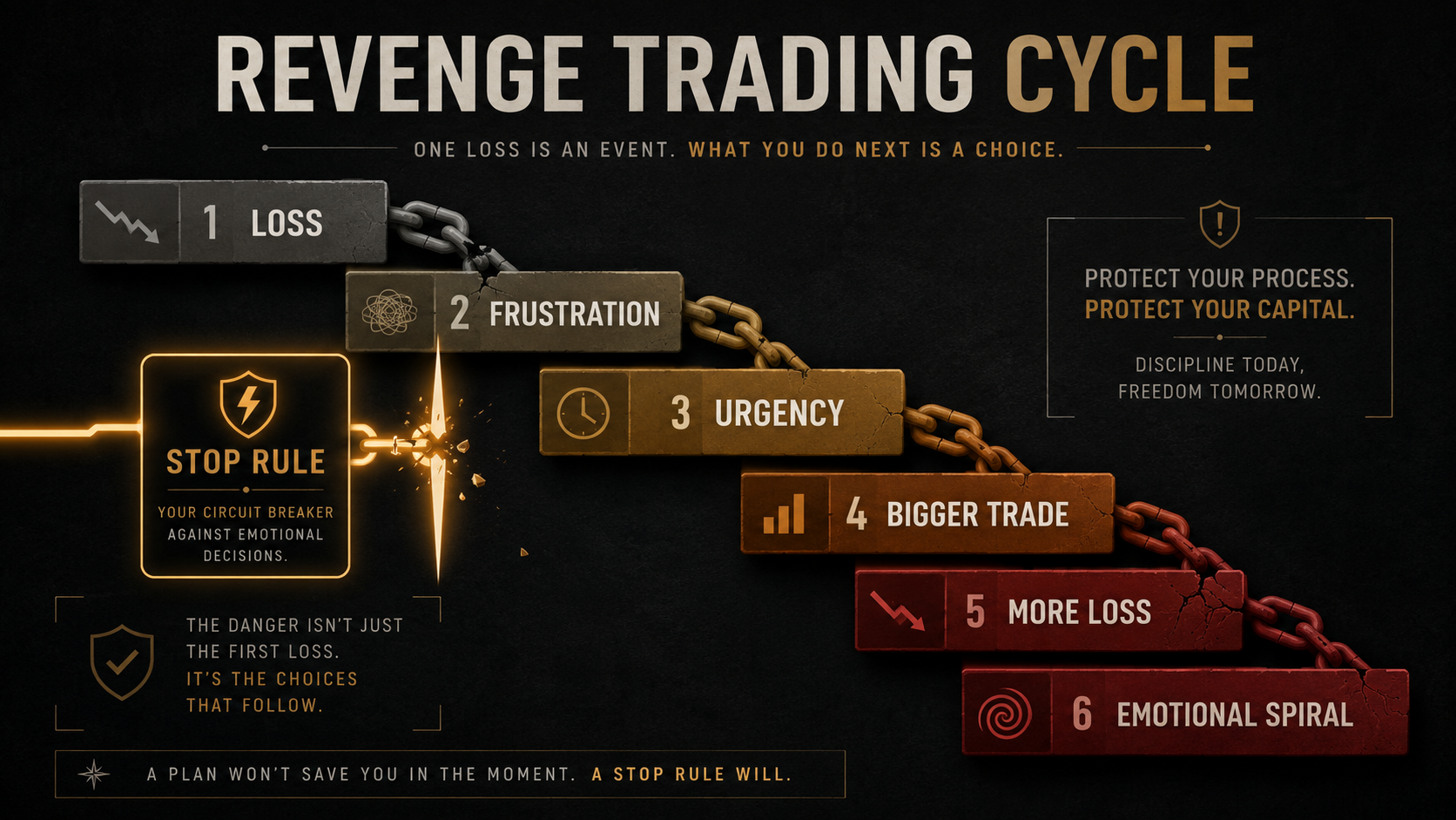 Revenge trading crypto cycle diagram showing loss, frustration, urgency, bigger trade, more loss, emotional spiral, and a stop rule