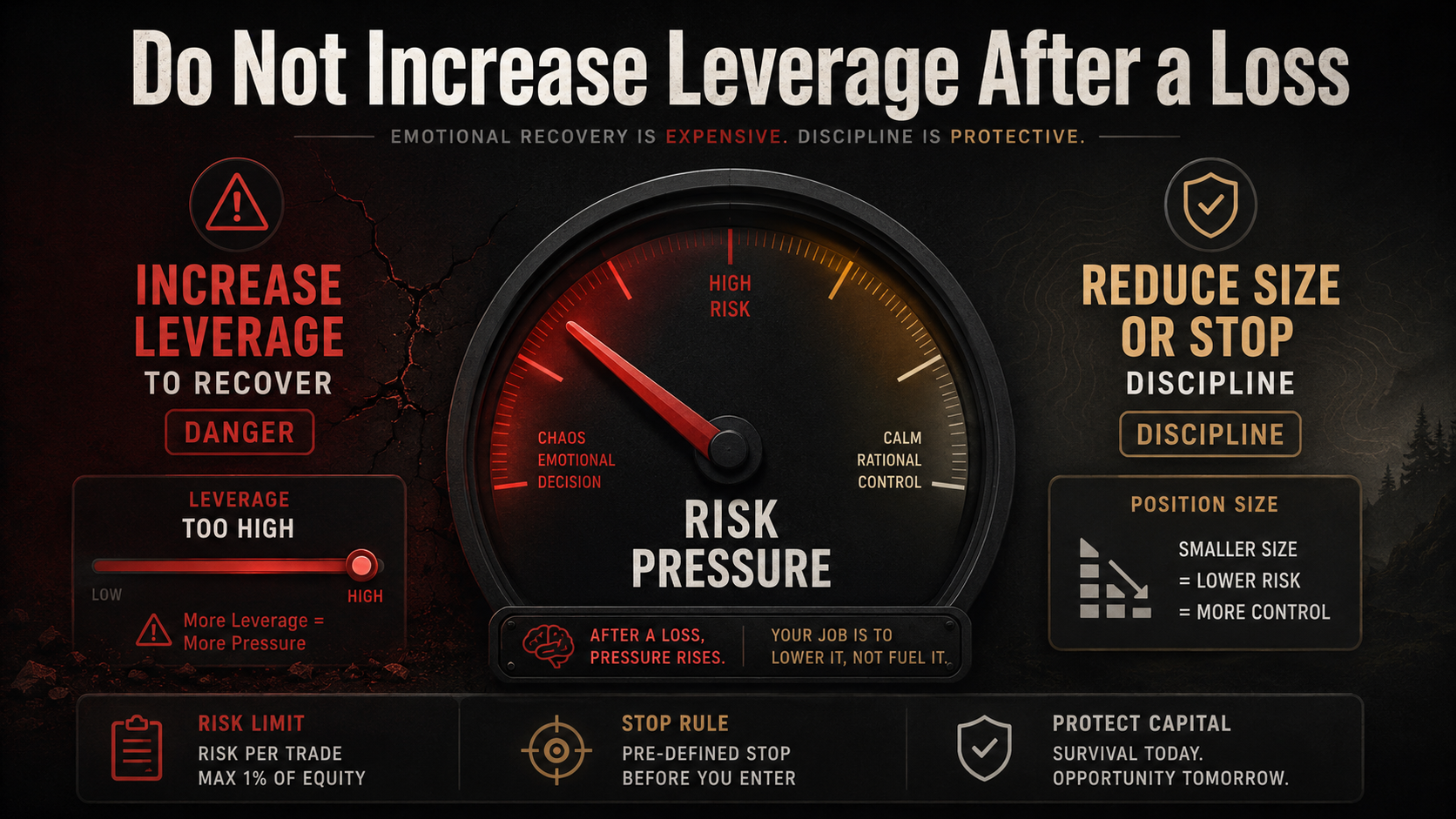 Revenge trading crypto leverage risk diagram showing the danger of increasing leverage after a loss and the discipline of reducing size or stopping.
