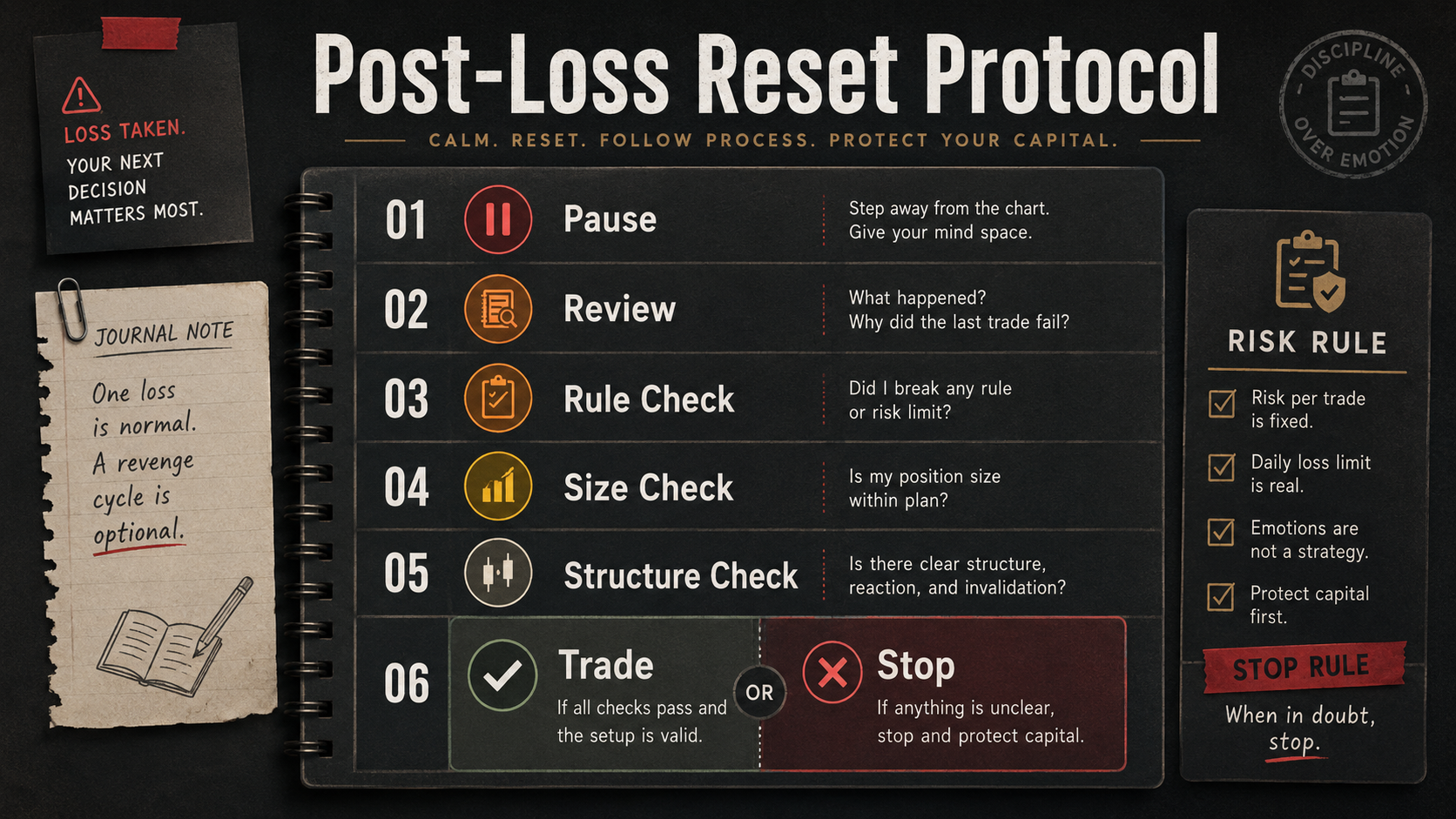 Revenge trading crypto post-loss reset protocol showing pause, review, rule check, size check, structure check, and trade or stop decision.
